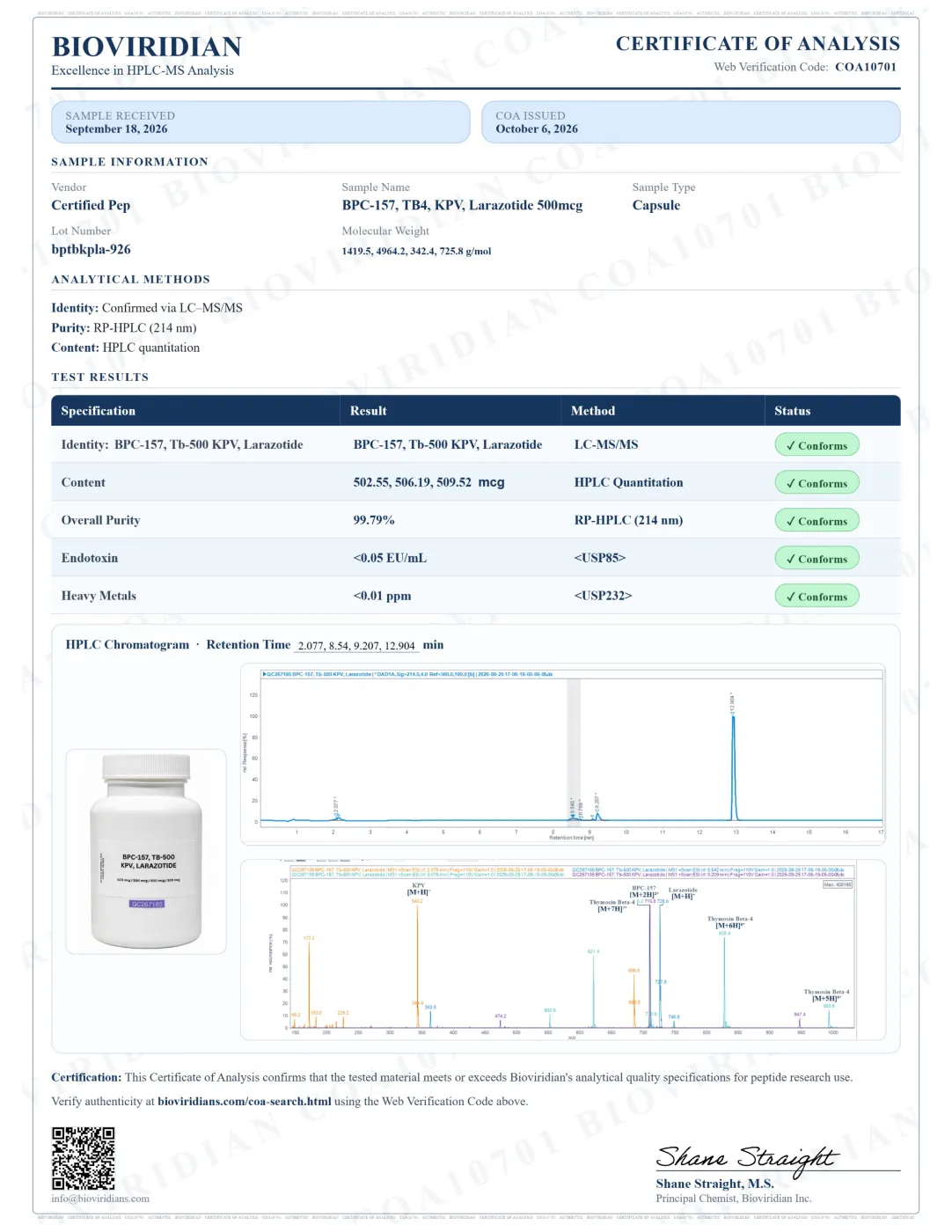 BPC-157 TB-500 KPV Larazotide Capsules (60 Count) 2 BPC-157 KPV Larazotide capsules certificate of analysis, HPLC purity