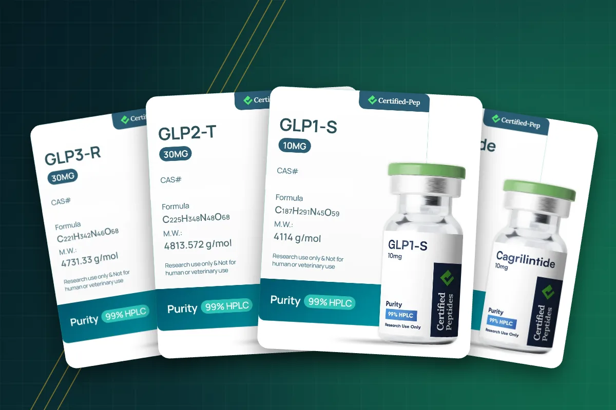 GLP-1 peptides for sale at Certified Peptides: GLP3-R, GLP2-T and GLP1-S vials