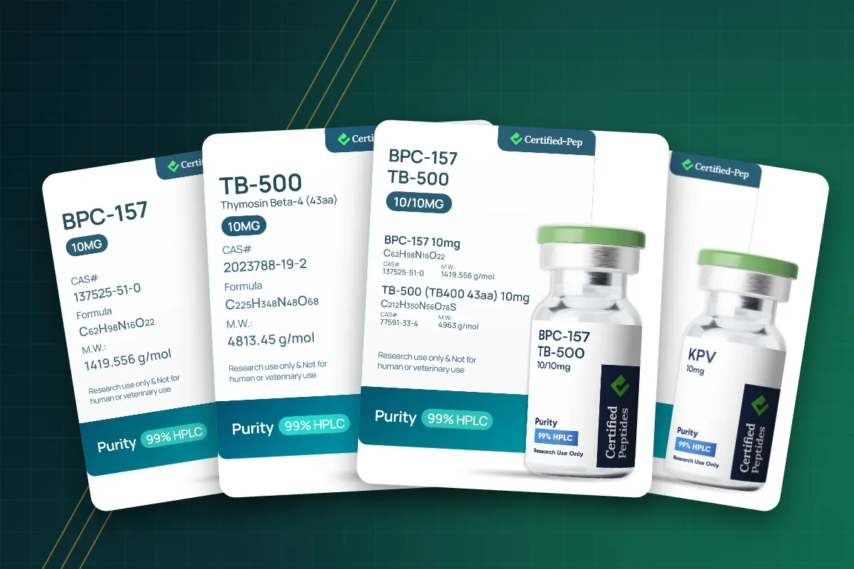 Recovery peptides for sale at Certified Peptides: BPC-157, TB-500 and blend vials
