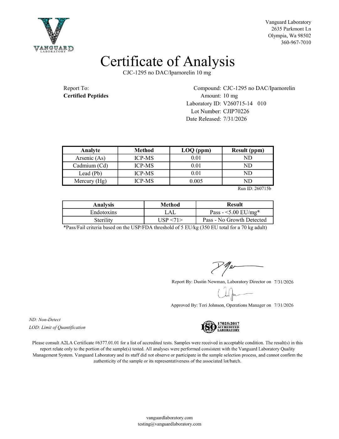 CJC-1295 No DAC Ipamorelin Blend 5mg/5mg 3 CJC-1295 Ipamorelin blend 5mg/5mg contaminant test report: endotoxin and heavy metals