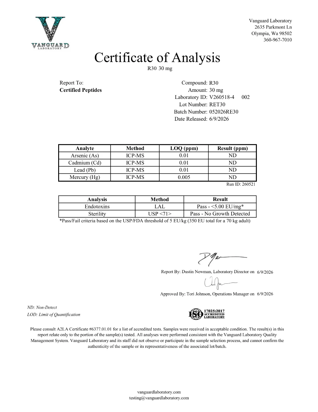 GLP3-R 30mg Bundle (2, 4 or 6 Vials) 2 GLP3-R 30mg contaminant test report: endotoxin and heavy metals