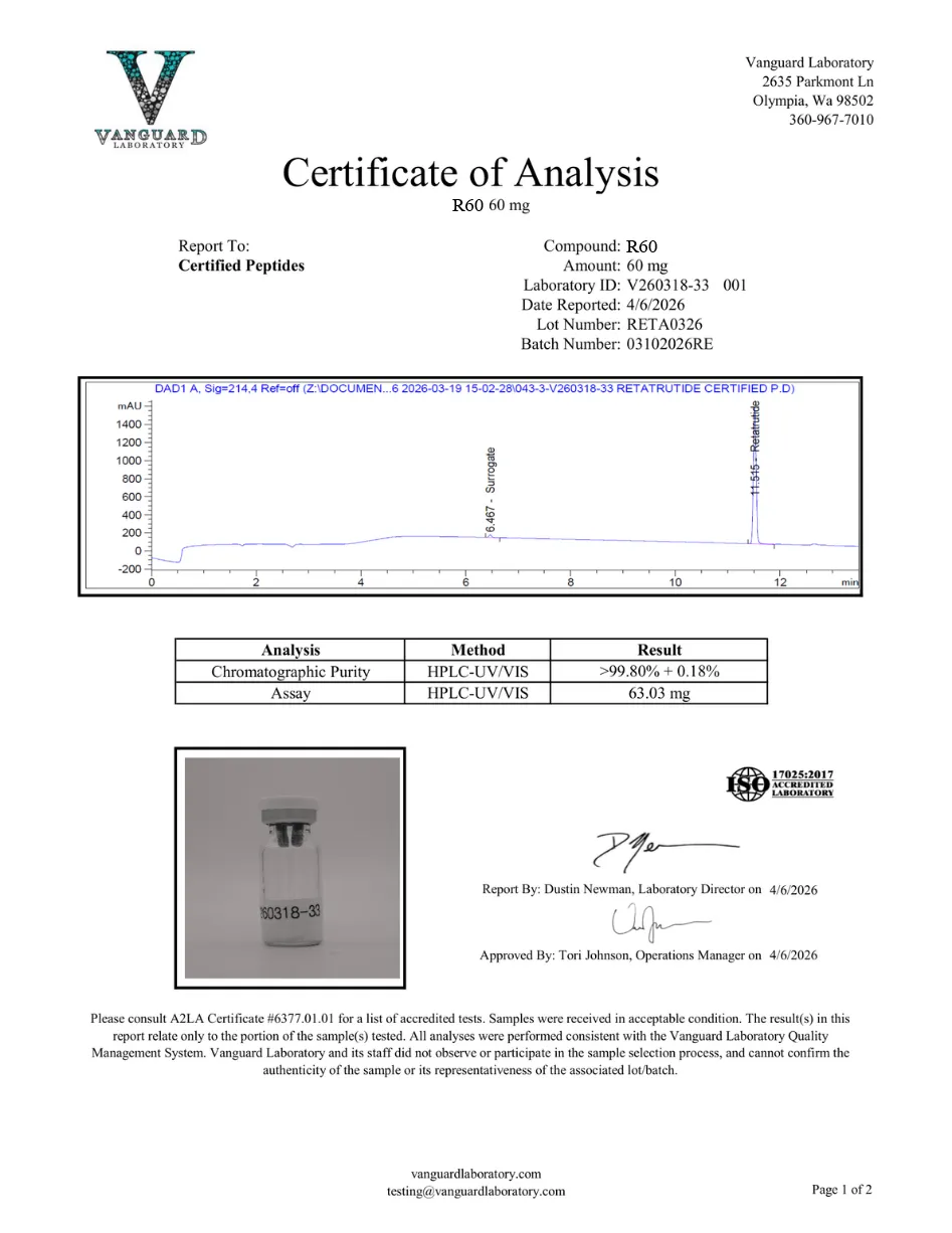 GLP3-R 60mg 2 GLP3-R 60mg certificate of analysis, HPLC purity