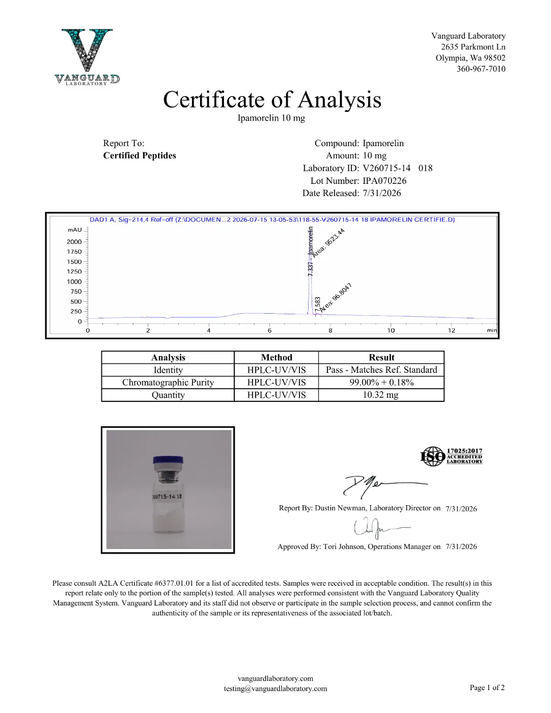 Ipamorelin 10mg 2 Ipamorelin 10mg certificate of analysis, HPLC purity