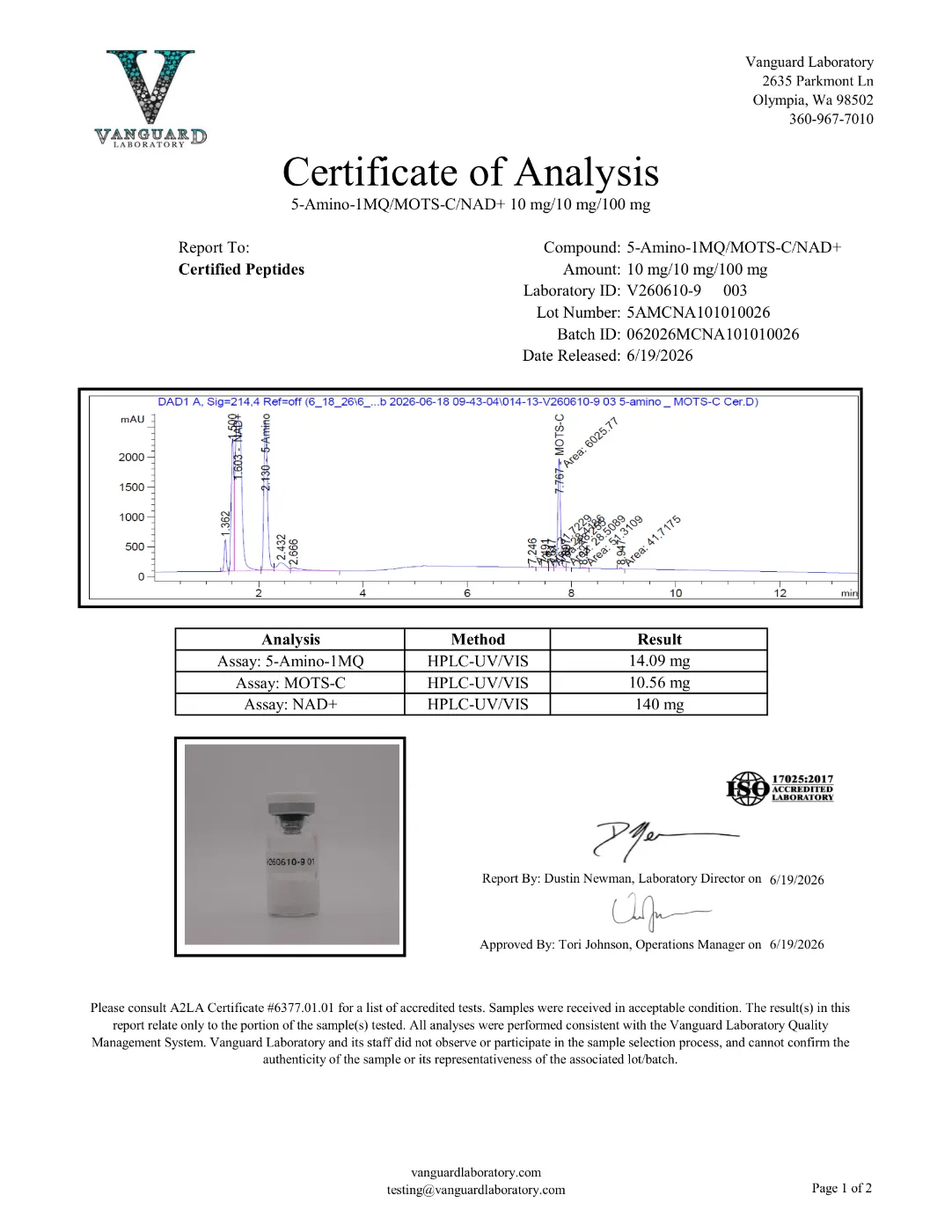 Mito Blend 120mg (NAD+, 5-Amino-1MQ, MOTS-c) 2 Mito blend 120mg certificate of analysis, HPLC purity