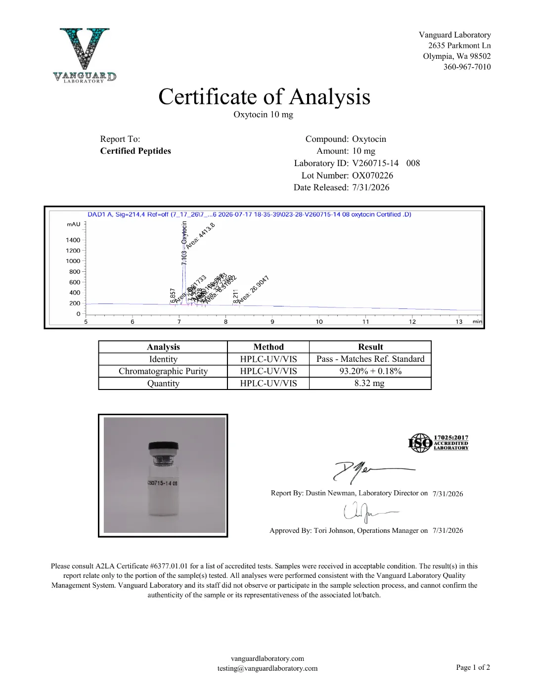 Oxytocin 10mg 2 Oxytocin 10mg certificate of analysis, HPLC purity