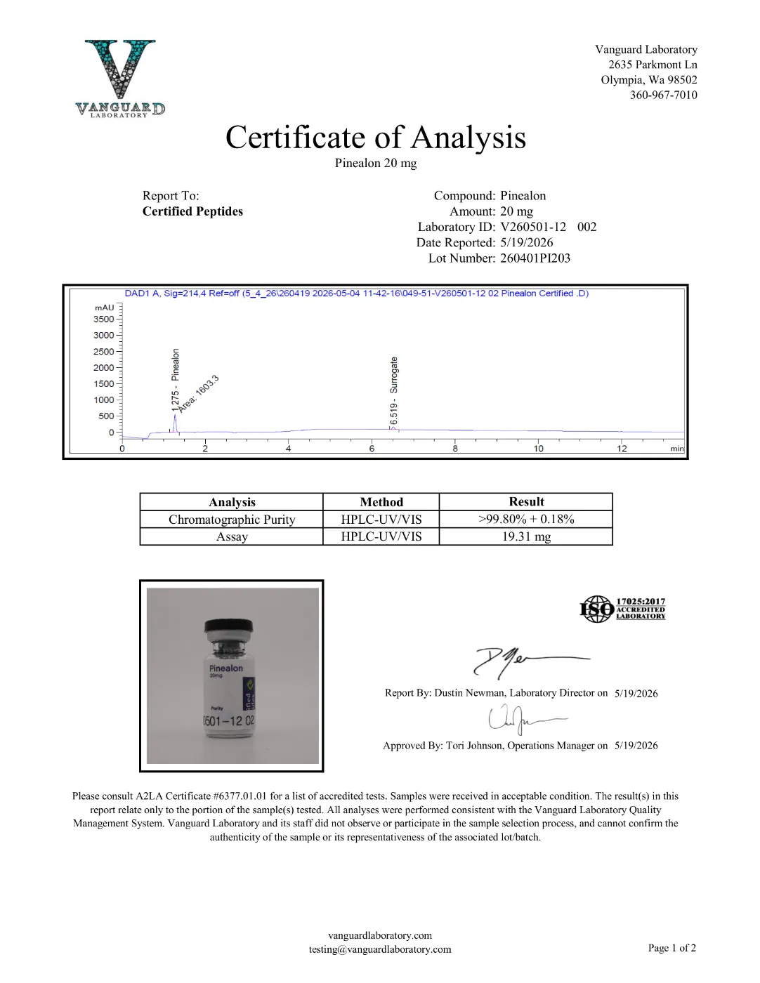 Pinealon 20mg 2 Pinealon 20mg certificate of analysis, HPLC purity