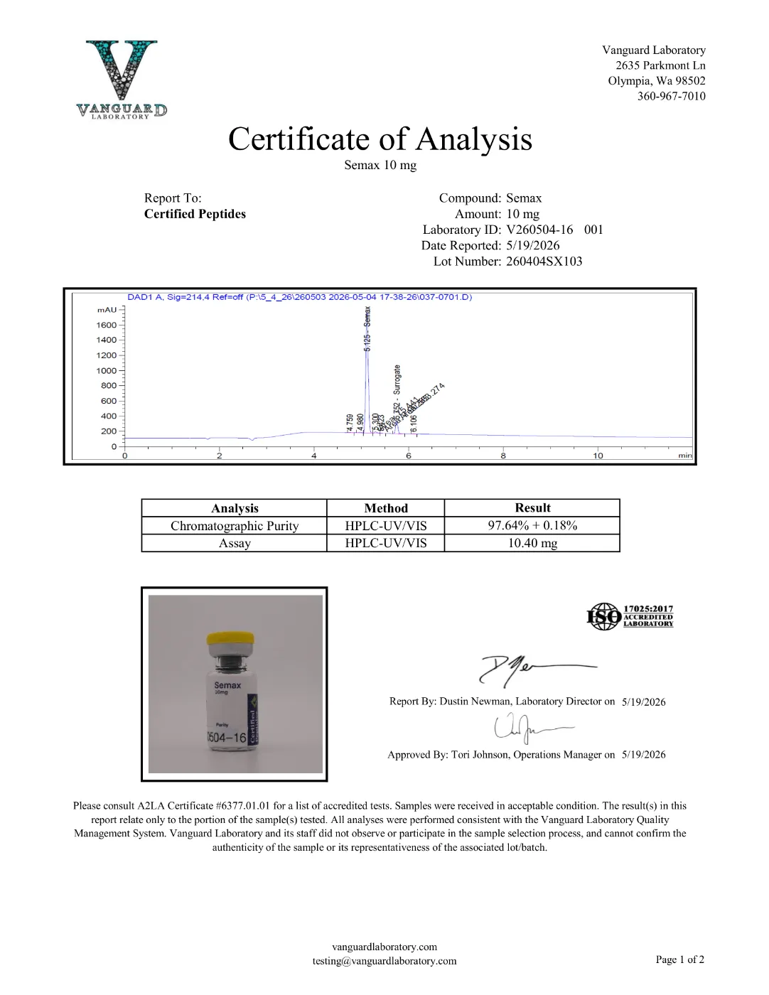 Semax 10mg 2 Semax 10mg certificate of analysis, HPLC purity