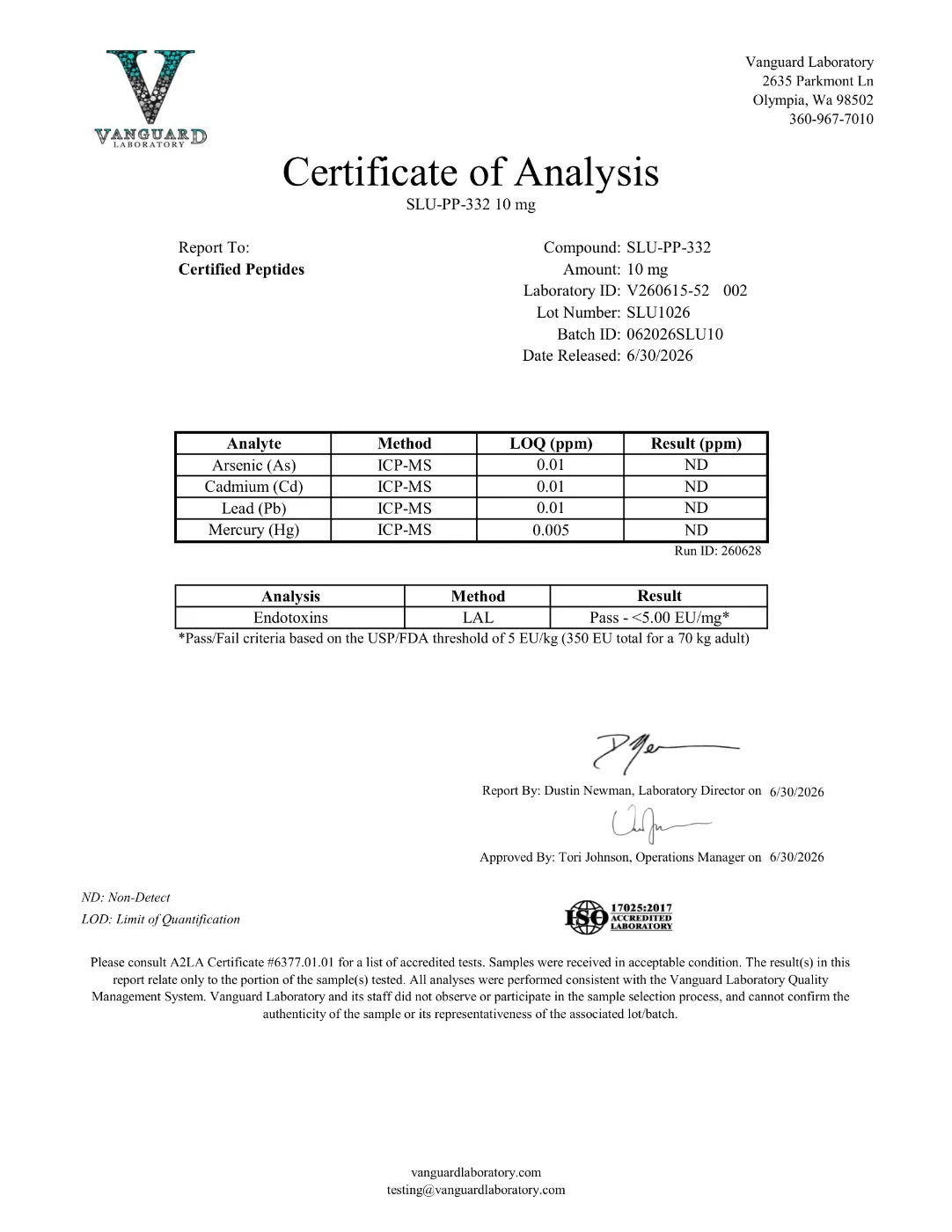 SLU-PP-332 10mg 3 SLU-PP-332 10mg contaminant test report: endotoxin and heavy metals