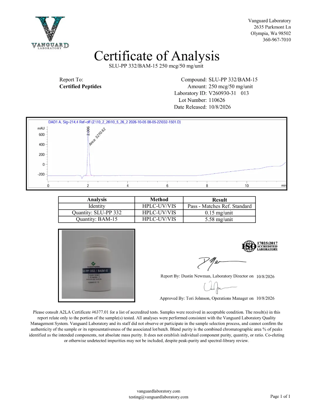 SLU-PP-332 BAM-15 Capsules 250mcg/50mcg (60 Count) 2 SLU-PP-332 BAM-15 capsules certificate of analysis, HPLC purity