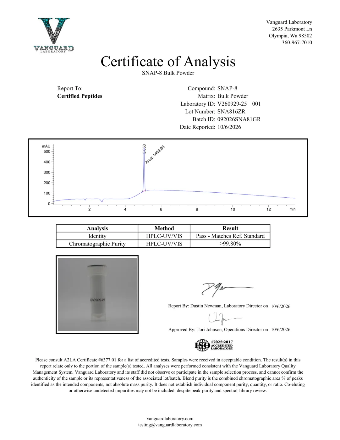 Snap-8 Raw Powder (1 Gram) 2 Snap-8 raw powder certificate of analysis, HPLC purity