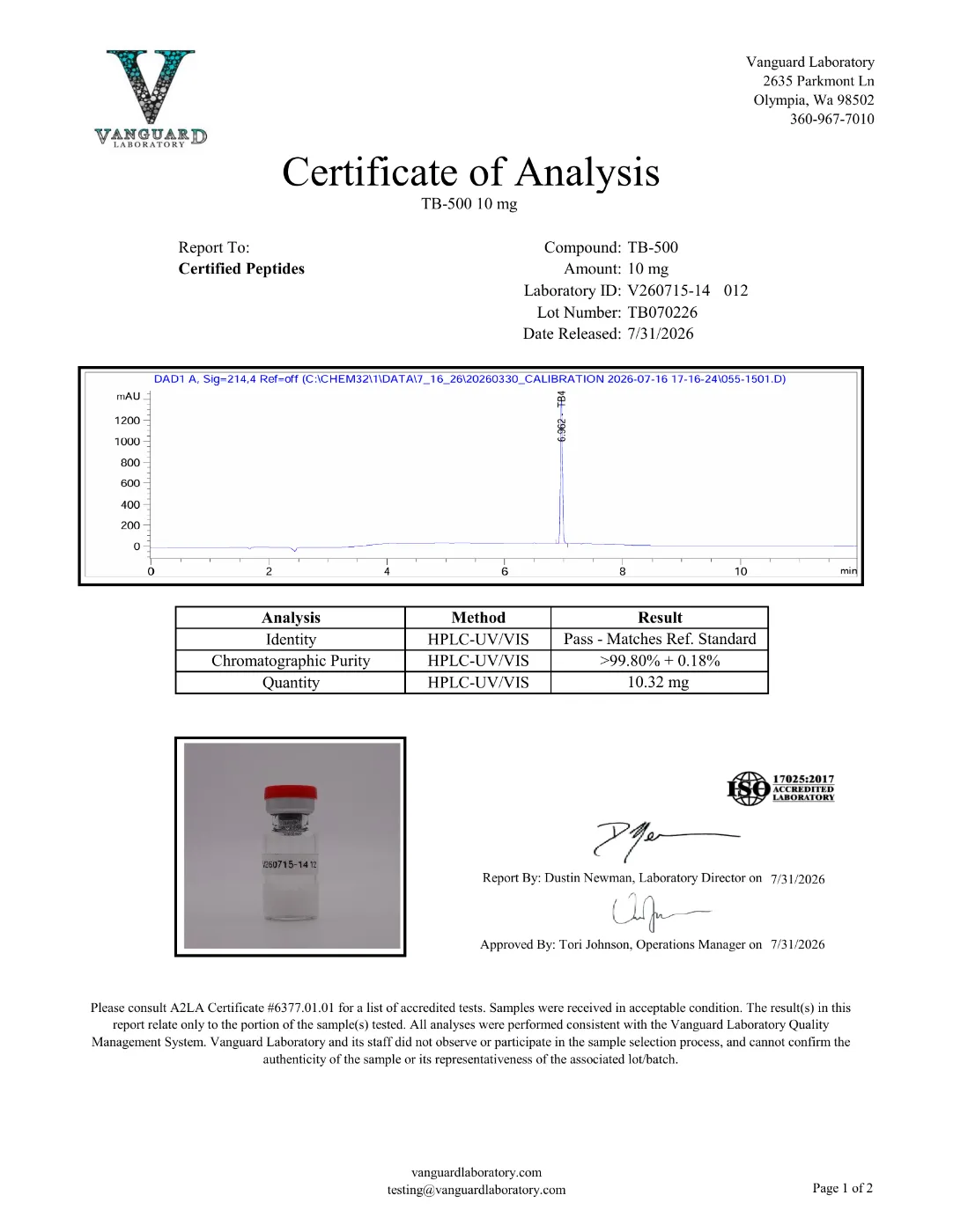 TB-500 10mg (Thymosin Beta-4) 2 TB-500 10mg certificate of analysis, HPLC purity